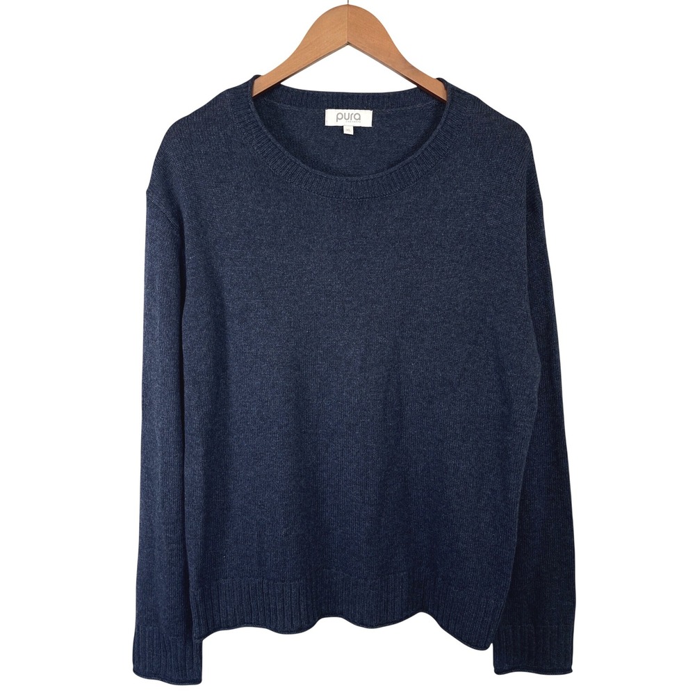 Pura Cashmere Merino Wool Cotton Crewneck Sweater XL Blue Minimalist Preppy
